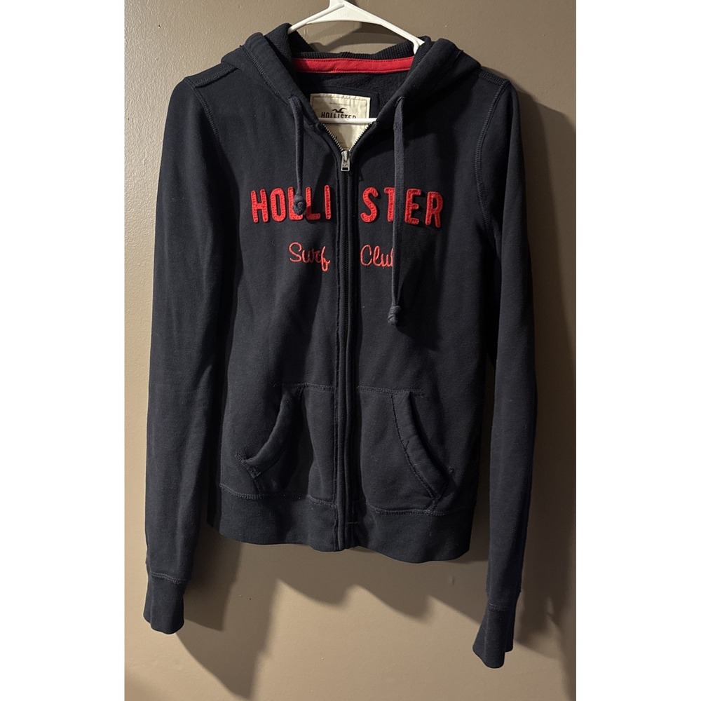 Y2K Hollister Women's Navy Blue Surf Club Long Sleeve Hoodie Full Zip Size M